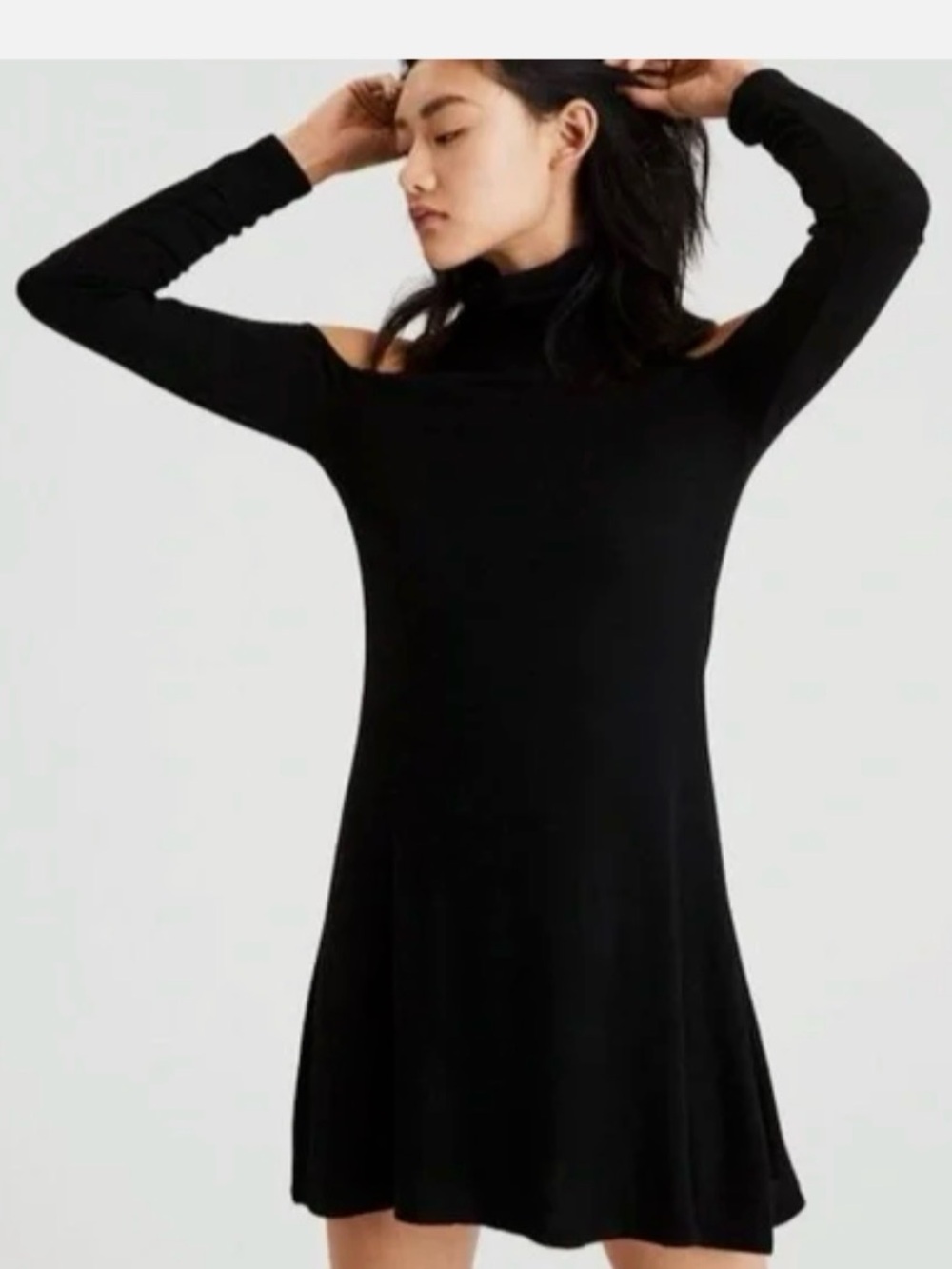 American Eagle Outfitters Black Cold-Shoulder Long Sleeve Dress